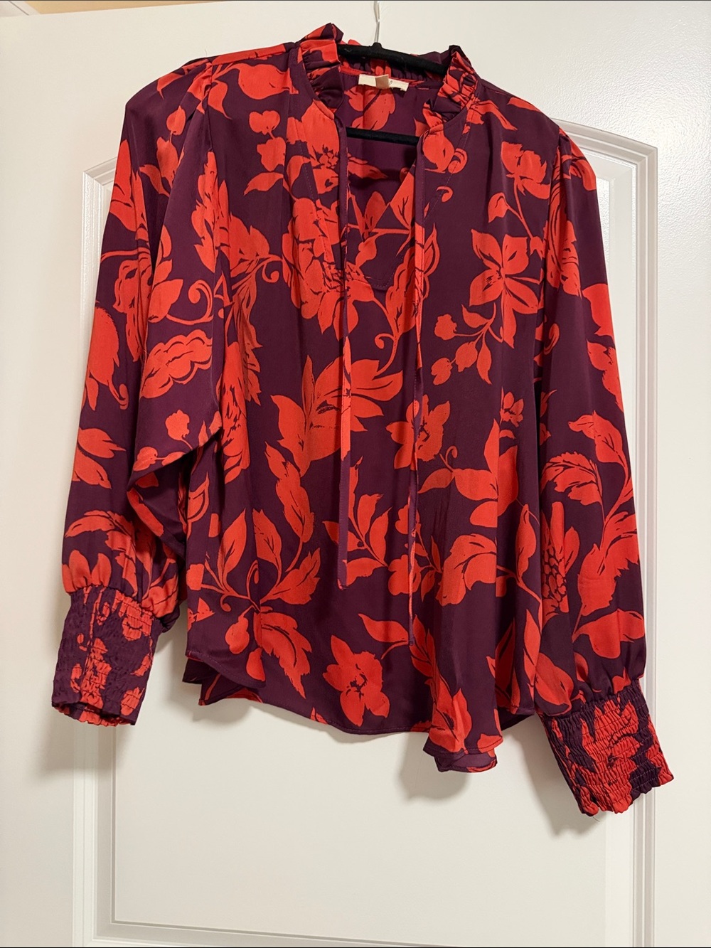 EASEL Red Floral Tie-Neck Long Sleeve Blouse